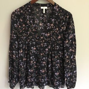 Joie Silk Black Floral Pintuck Top.